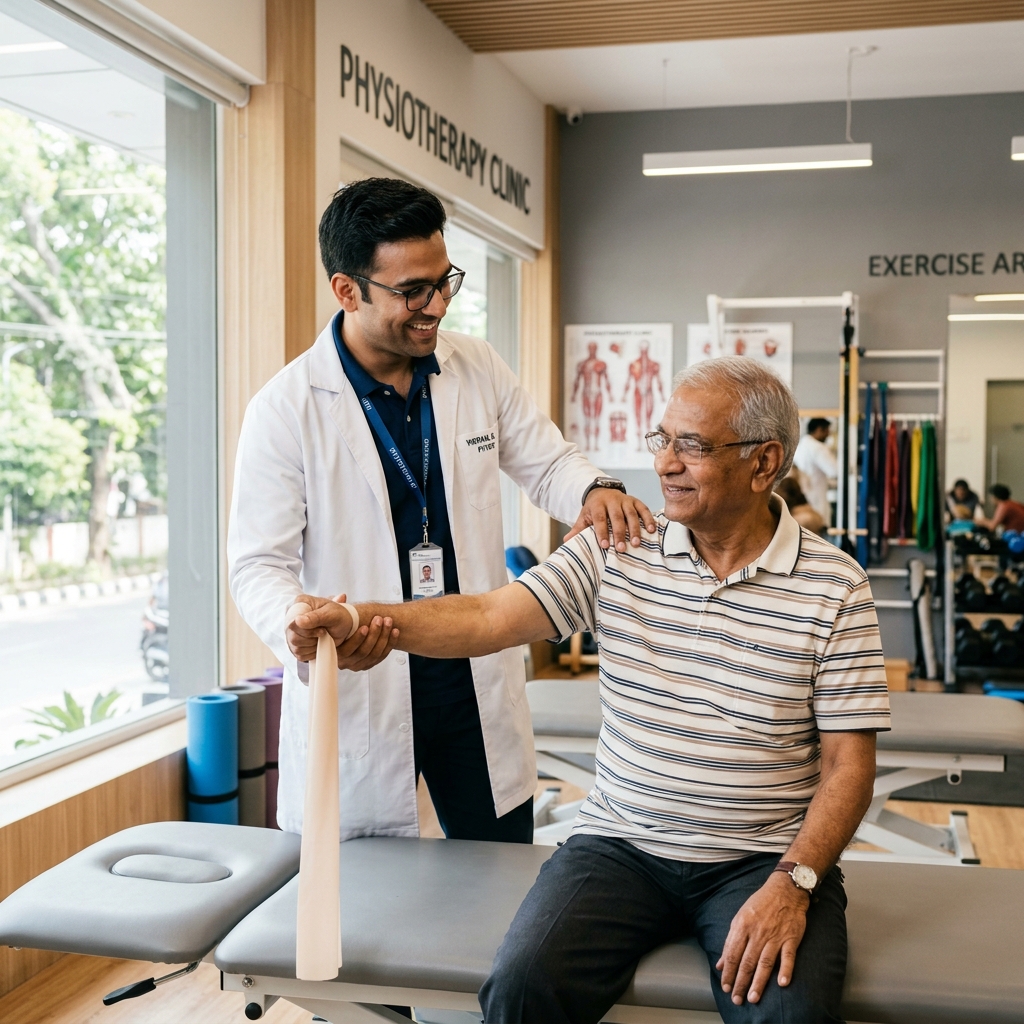 Indian Physiotherapist helping elderly patient